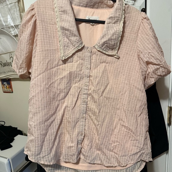 Pink Button-Up Blouse with Lace Trim - Picture 1 of 3